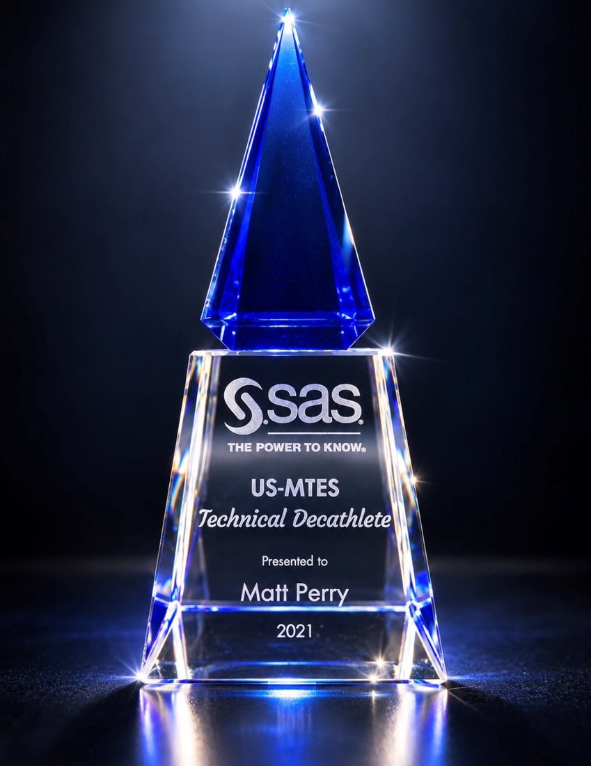 SAS US-MTES Technical Decathlete crystal award, presented to Matt Perry, 2021